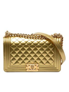 Chanel Quilted CC Logo 25 Chain Shoulder Bag Gold Patent Leather